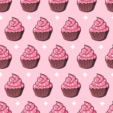 Tatlı hamur işleriyle kusursuz desen. Vektör çizimi. Şirin kekler, kekler. Yıldızlı arka plan. Paketleme, ambalaj kağıdı gibi şeylerde kullanılabilir.