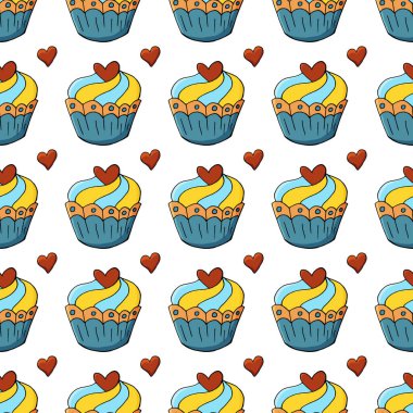 Tatlı hamur işleriyle kusursuz desen. Vektör çizimi. Şirin kekler, kekler. Kalpli arka plan