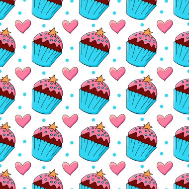 Tatlı hamur işleriyle kusursuz desen. Vektör çizimi. Şirin kekler, kekler. Kalpli arka plan. Doku