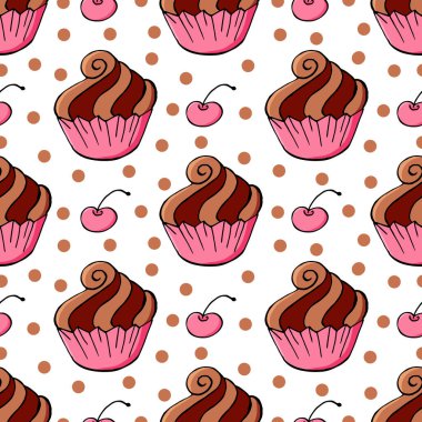 Tatlı hamur işleriyle kusursuz desen. Vektör çizimi. Şirin kekler, kekler. Kiraz. Paketleme, paketleme ve benzeri şeylerde kullanılabilir.