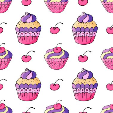 Tatlı hamur işleriyle kusursuz desen. Vektör çizimi. Şirin kekler, kekler. Kiraz. Paketleme, ambalaj kağıdı, tekstil ve benzeri şeylerde kullanılabilir.