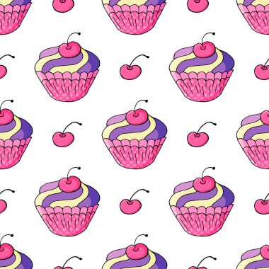 Tatlı hamur işleriyle kusursuz desen. Vektör çizimi. Şirin kekler, kekler. Kiraz. Paketleme, ambalaj kağıdı gibi şeylerde kullanılabilir.