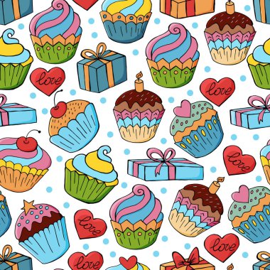 Tatlı hamur işleriyle kusursuz desen. Vektör çizimi. Şirin kekler, kekler. Dekoratif doğum günü baskısı. Paketleme ve benzeri işlemler için kullanılabilir