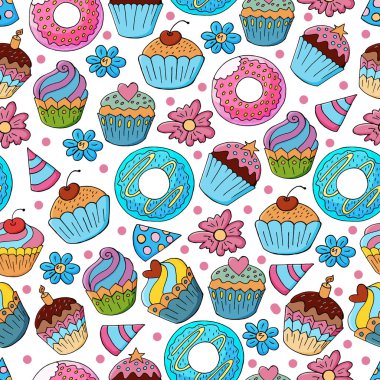 Tatlı hamur işleriyle kusursuz desen. Vektör çizimi. Şirin kekler, kekler. Dekoratif doğum günü baskısı. Paketleme, paketleme ve benzeri işlemler için kullanılabilir