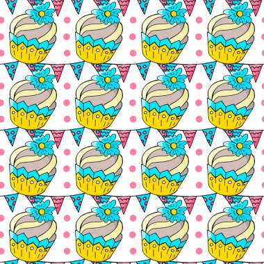 Tatlı hamur işleriyle kusursuz desen. Vektör çizimi. Şirin kekler, kekler. Dekoratif baskı, bayraklar. Tekstil için, kumaş ambalaj kağıdı