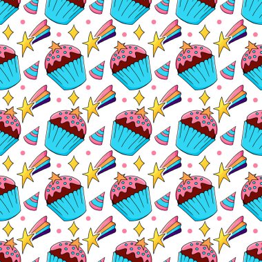 Tatlı hamur işleriyle kusursuz desen. Vektör çizimi. Şirin kekler, kekler. Dekoratif baskı, gökkuşağı yıldızları