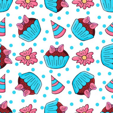 Tatlı hamur işleriyle kusursuz desen. Vektör çizimi. Şirin kekler, kekler. Dekoratif baskı, çiçekler, doğum günü şapkaları
