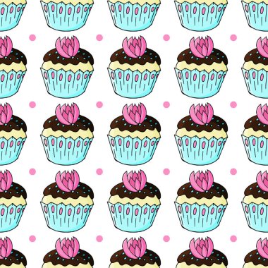 Tatlı hamur işleriyle kusursuz desen. Vektör çizimi. Şirin kekler, kekler. Puantiyeli dekoratif baskı. Tekstil, kumaş, ambalaj, duvar kağıdı için.