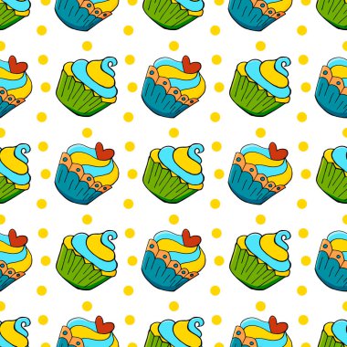 Tatlı hamur işleriyle kusursuz desen. Vektör çizimi. Şirin kekler, kekler. Puantiyeli arka plan. Paketleme, ambalaj kağıdı ve tekstil için kullanılabilir.