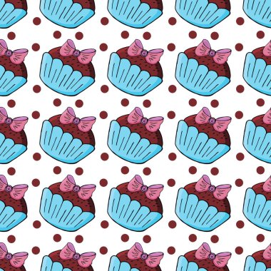 Tatlı hamur işleriyle kusursuz desen. Vektör çizimi. Şirin kekler, kekler. Puantiyeli arka plan. Paketleme için kullanılabilir.