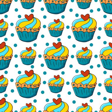 Tatlı hamur işleriyle kusursuz desen. Vektör çizimi. Şirin kekler, kekler. Puantiyeli arka plan. Paketleme, ambalaj kağıdı olarak kullanılabilir.