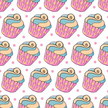 Tatlı hamur işleriyle kusursuz desen. Vektör çizimi. Şirin kekler, kekler. Puantiyeli arka plan. Kumaş, ambalaj, duvar kağıdı dokusu