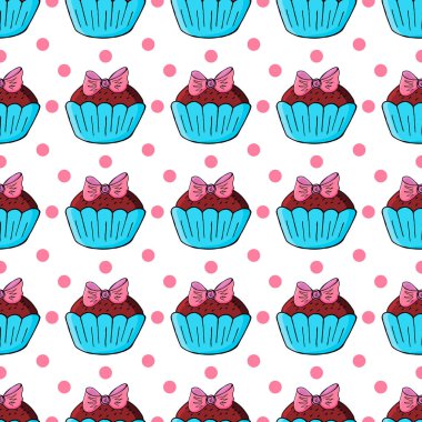 Tatlı hamur işleriyle kusursuz desen. Vektör çizimi. Şirin kekler, kekler. Puantiyeli arka plan. Paketleme ve paketleme için kullanılabilir.