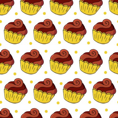 Tatlı hamur işleriyle kusursuz desen. Vektör çizimi. Şirin kekler, kekler. Puantiyeli arka plan. Kumaş dokusu