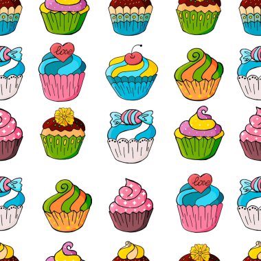 Tatlı hamur işleriyle kusursuz desen. Vektör çizimi. Şirin kekler, kekler. Kumaş dokusu, sarma