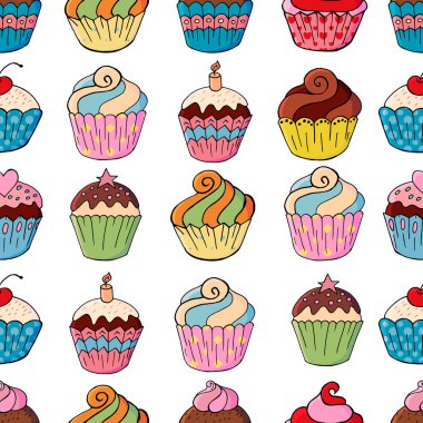 Tatlı hamur işleriyle kusursuz desen. Vektör çizimi. Şirin kekler, kekler. Kumaş, ambalaj, duvar kağıdı dokusu