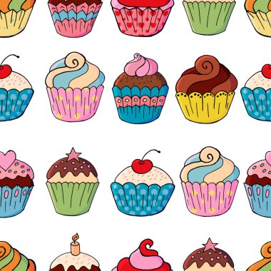 Tatlı hamur işleriyle kusursuz desen. Vektör çizimi. Şirin kekler, kekler. Kumaş, ambalaj, duvar kağıdı dekoratif