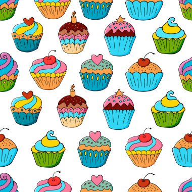 Tatlı hamur işleriyle kusursuz desen. Vektör çizimi. Şirin kekler, kekler. Doku