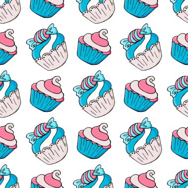 Tatlı hamur işleriyle kusursuz desen. Vektör çizimi. Şirin kekler, kekler. Beyaz arka plan. Kumaş dokusu
