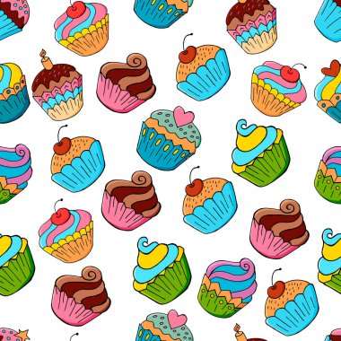 Tatlı hamur işleriyle kusursuz desen. Vektör çizimi. Şirin kekler, kekler.