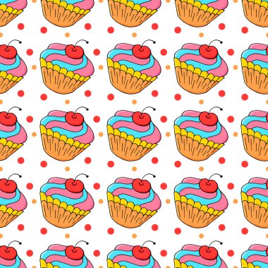 Tatlı hamur işleriyle kusursuz desen. Vektör çizimi. Çok güzel bahar çörekleri, kekler. Puantiyeli arka plan. Paketleme ve benzeri şeyler için kullanılabilir.