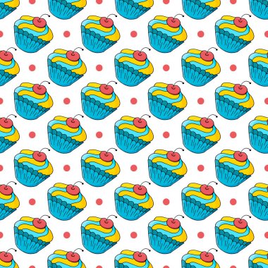 Tatlı hamur işleriyle kusursuz desen. Vektör çizimi. Çok güzel bahar çörekleri, kekler. Puantiyeli arka plan. Paketleme için kullanılabilir.