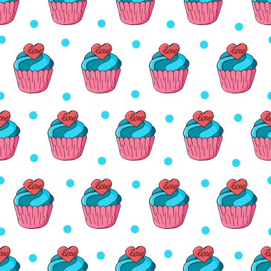 Tatlı hamur işleriyle kusursuz desen. Vektör çizimi. Kalpli şirin kekler, kekler. Puantiyeli arka plan. Paketleme, ambalaj kağıdı, tekstil ve benzeri şeylerde kullanılabilir.