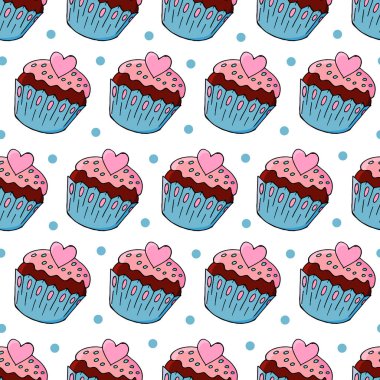 Tatlı hamur işleriyle kusursuz desen. Vektör çizimi. Kalpli şirin kekler, kekler. Puantiyeli arka plan. Paketleme, paketleme ve benzeri şeylerde kullanılabilir.