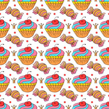 Tatlı hamur işleriyle kusursuz desen. Vektör çizimi. Çok güzel bahar çörekleri, kekler. Polka nokta arkaplanı