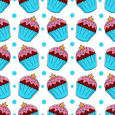 Vektör çizimi. Tatlı hamur işleriyle kusursuz desen. Şirin kekler, kekler. Puantiyeli arka plan. Kumaş dokusu