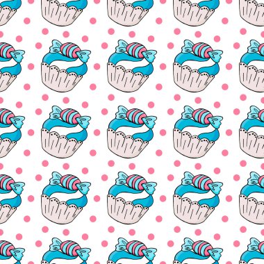 Vektör çizimi. Tatlı hamur işleriyle kusursuz desen. Şirin kekler, kekler. Polka nokta arkaplanı