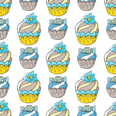 Vektör çizimi. Tatlı hamur işleriyle kusursuz desen. Şirin kekler, kekler. Kumaş dokusu, ambalaj kağıdı, duvar kağıdı. Tatlı ikram baskısı