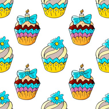 Vektör çizimi. Tatlı hamur işleriyle kusursuz desen. Şirin kekler, kekler. Kumaş dokusu, ambalaj kağıdı, duvar kağıdı. Tatlı ikramları