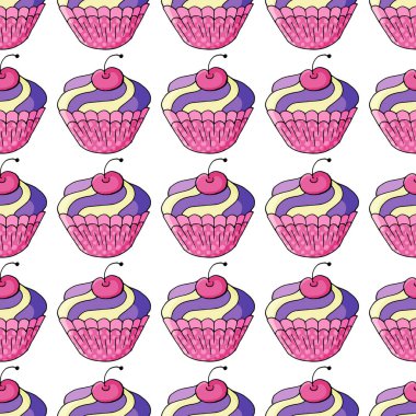 Vektör çizimi. Tatlı hamur işleriyle kusursuz desen. Şirin kekler, kekler. Kumaş, ambalaj, duvar kağıdı dokusu Tatlı