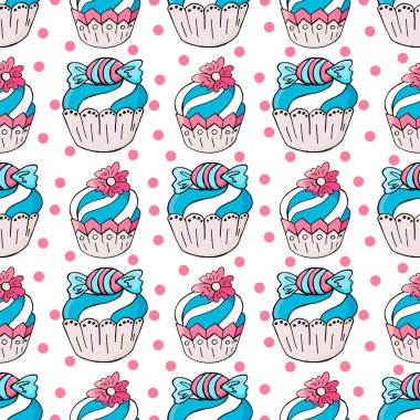 Vektör çizimi. Tatlı hamur işleriyle kusursuz desen. Şirin kekler, kekler. Benekli nokta.