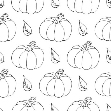 Cadılar Bayramı tasarımı için kusursuz desen. Elle çizim tarzında vektör illüstrasyonu. Şirin balkabaklarıyla ve yapraklarıyla boya izi