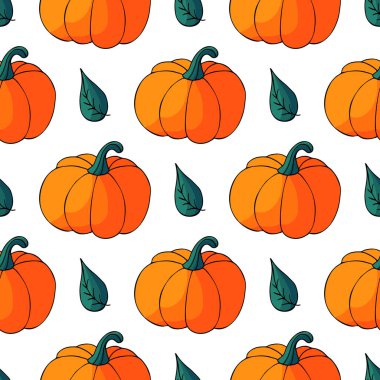 Cadılar Bayramı tasarımı için kusursuz desen. Elle çizim tarzında vektör illüstrasyonu. Şirin balkabaklarıyla ve yapraklarıyla dekoratif baskı.