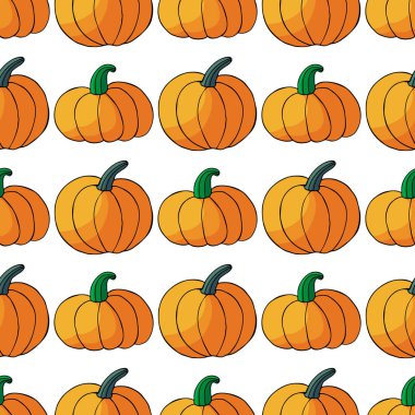 Cadılar Bayramı tasarımı için kusursuz desen. Elle çizim tarzında vektör illüstrasyonu. Şirin balkabaklarıyla dekoratif baskı