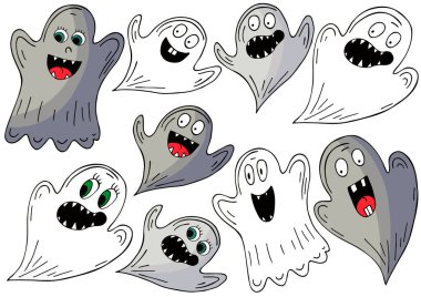 Hayaletler el çizimi tarzında. Cadılar Bayramı tasarımı için vektör çizimleri koleksiyonu. Cadılar Bayramı öğeleri, çizgi film tarzı. İmzala, çıkartma