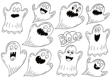 Hayaletler el çizimi tarzında. Cadılar Bayramı tasarımı için vektör çizimleri koleksiyonu. Renkli elementler, çizgi film tarzı. İmzala, çıkartma, iğne