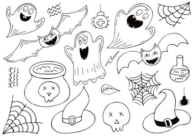 Cadılar Bayramı tasarım elementleri el çizimi tarzında. Aksesuarlar, cadılar, hayaletler, yarasalar. Cadılar Bayramı simgeleri, renkli. İmzala, çıkartma, iğne