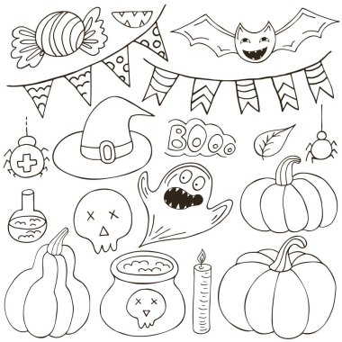 Cadılar Bayramı tasarım elementleri el çizimi tarzında. Cadı aksesuarları, balkabakları, bayraklar. Cadılar Bayramı simgeleri, renkli. İmzala, çıkartma, iğne