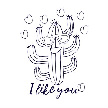 Renkli vektör çizimi. Bir kaktüsün çizgi film görüntüsü. Gözlüklü şık bir kaktüs. Kalpler, aşkım. Senden hoşlanıyorum.