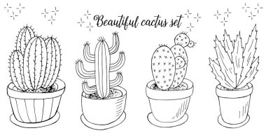 Şirin vektör çizimi. Çiçek saksılarındaki kaktüslerin karikatür resimleri. Kaktüs, aloe, sulu şeyler. Yaratıcı koleksiyon. Dekoratif monokrom elementleri beyaz üzerinde izole edilir