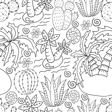 Kusursuz botanik çizimi. Farklı kaktüslerin, aloelerin, egzotik hayvanların tropik desenleri. Kabuk, palmiye ağaçları, tek renkli çiçekler.