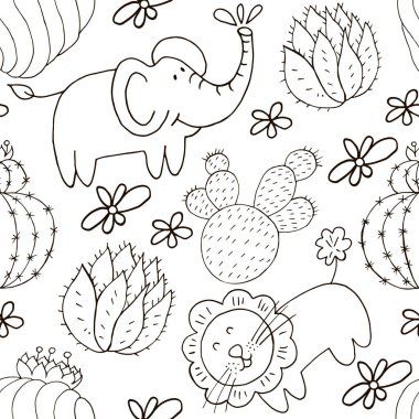 Kusursuz botanik çizimi. Farklı kaktüslerin tropik desenleri, egzotik hayvanlar. Aslan, fil, tek renkli çiçekler.