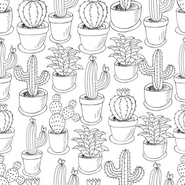 Farklı kaktüslerin kusursuz deseni. Saksıların şirin vektör arkaplanı. Tropik tek renkli duvar kâğıdı. Moda imajı kumaşlar ve tasarım yaratıcılığı için idealdir