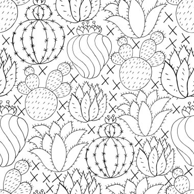 Farklı kaktüslerin vektörsüz deseni. Tropikal bitkilerin sevimli arka planı. Egzotik monokrom duvar kağıdı. Moda resmi kumaşlar ve duvar kağıtları için ideal
