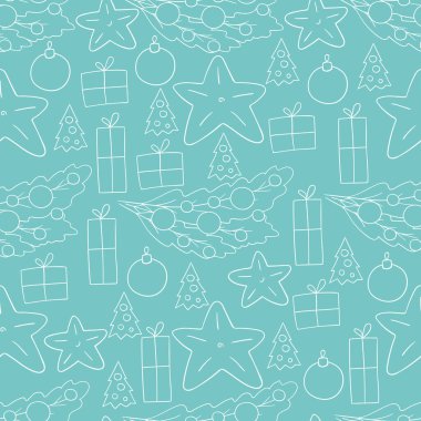 Mavi desen el çizimi tarzında. Yıldızlı kusursuz vektör deseni, Noel ağacı süslemeleri. Kumaş, ambalaj, ambalaj vs. için kullanılabilir