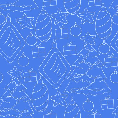 Yıldızlı mavi kusursuz vektör deseni, Noel ağacı süslemeleri. Kumaş, ambalaj, ambalaj kağıdı, tekstil için kullanılabilir.